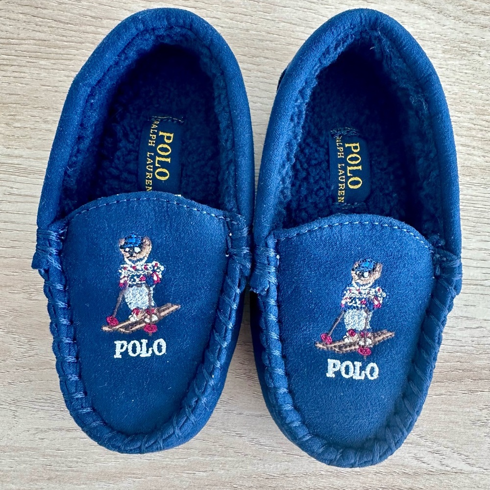 Polo Ralph‎ Lauren Dezi IV Polo Bear Faux Suede Slippers NWT Sz 8 Toddler (Navy)